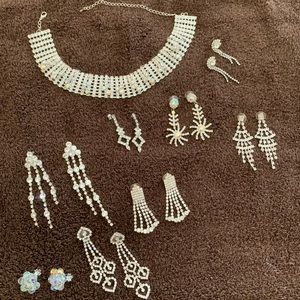 Raised Jewel Choker 8 Earrings Bridal Rhinestone